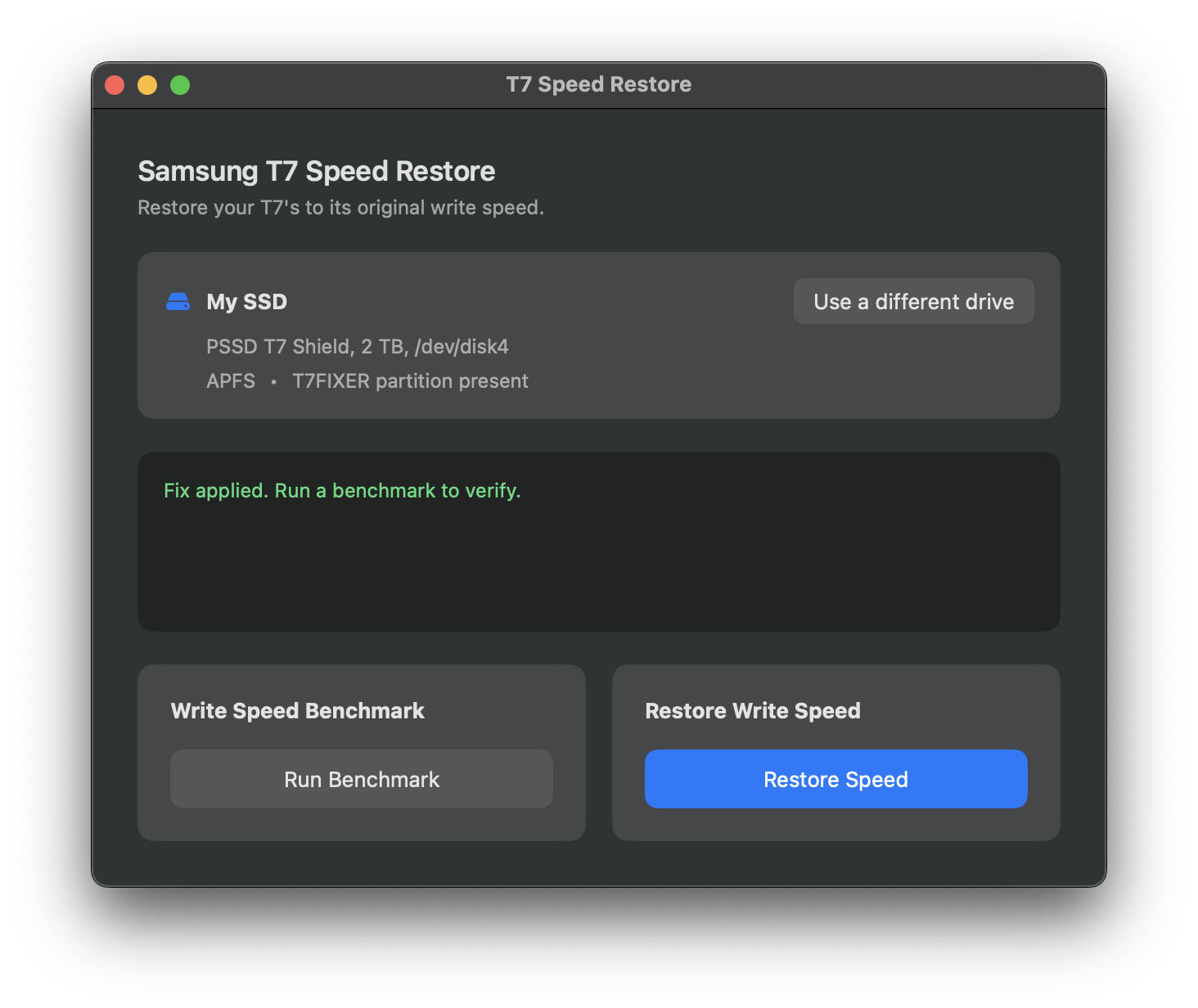 The T7FIXER partition briefly visible on the desktop