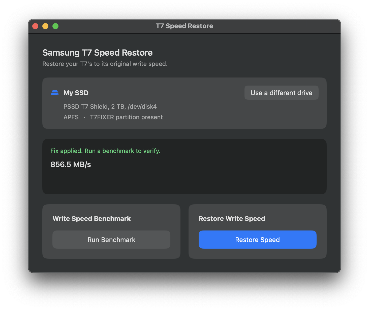 Benchmark result showing full write speed after the fix